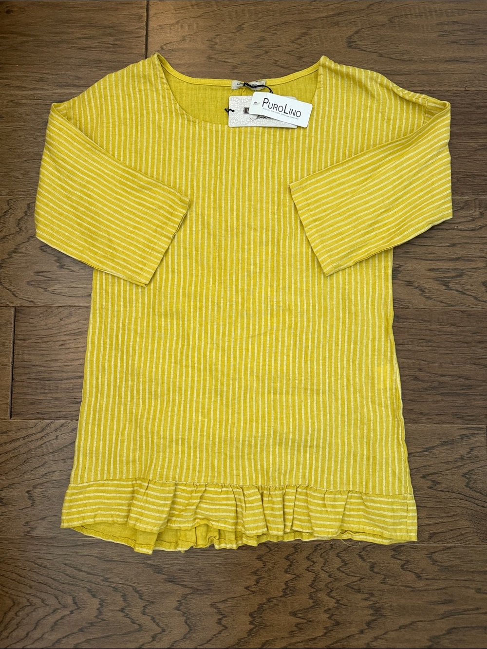 Puro Lino Mustard S Striped Ruffle Hem Top 3/4 Sleeve 100% Linen Tunic